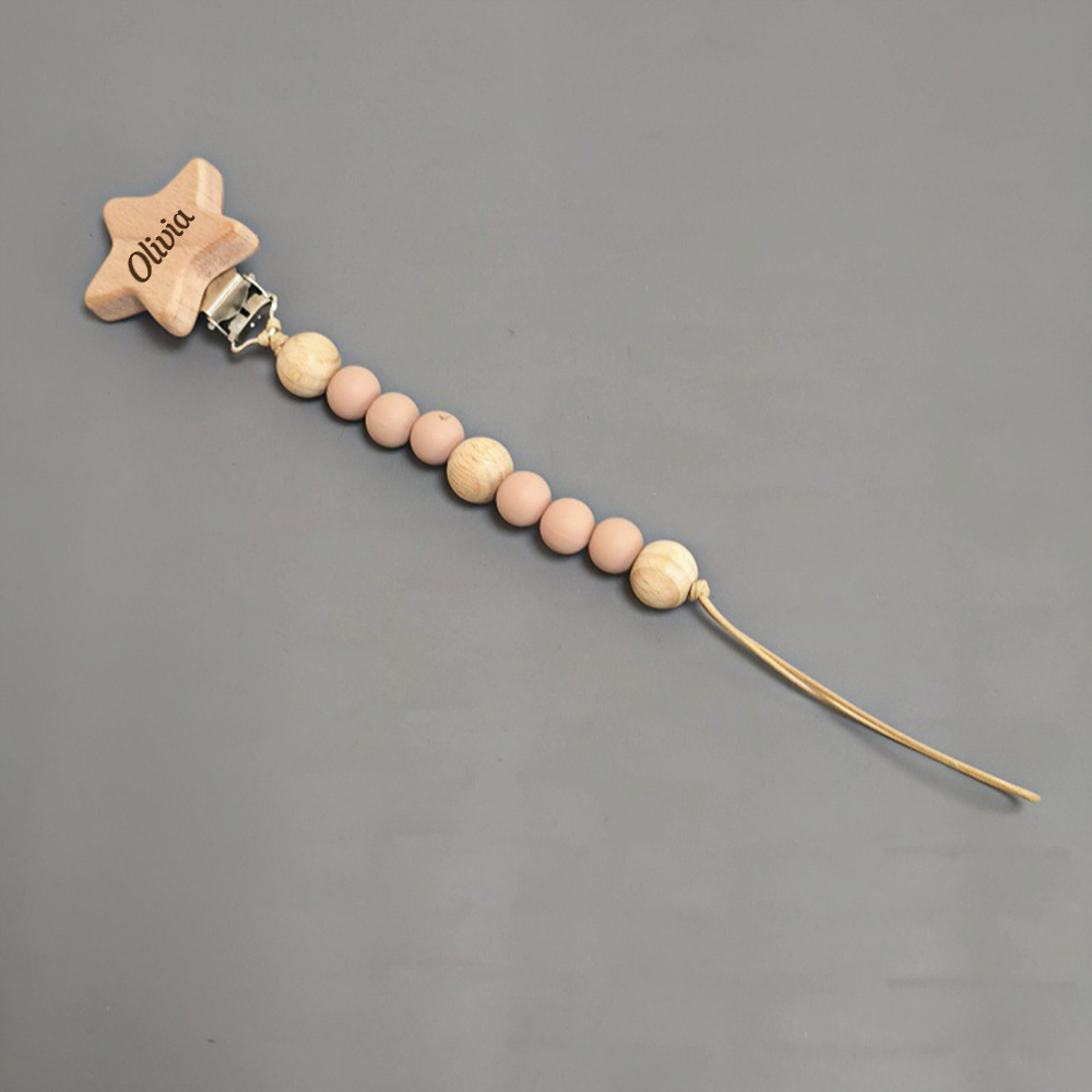 Personalized Baby Pacifier Silicone Wooden Bead Clip | CWToy130