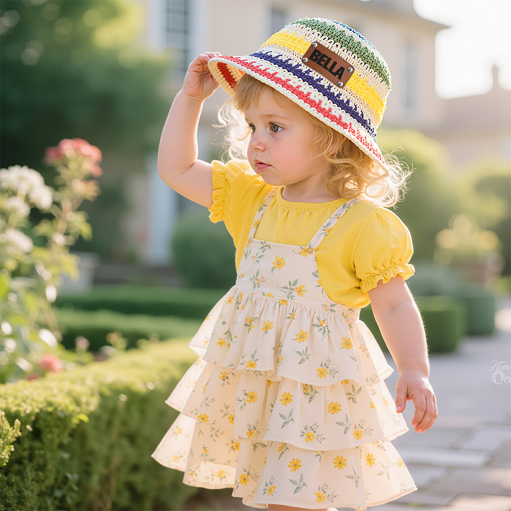 Personalized Summer Leather Patch Rainbow Straw Hat | CWBeach203