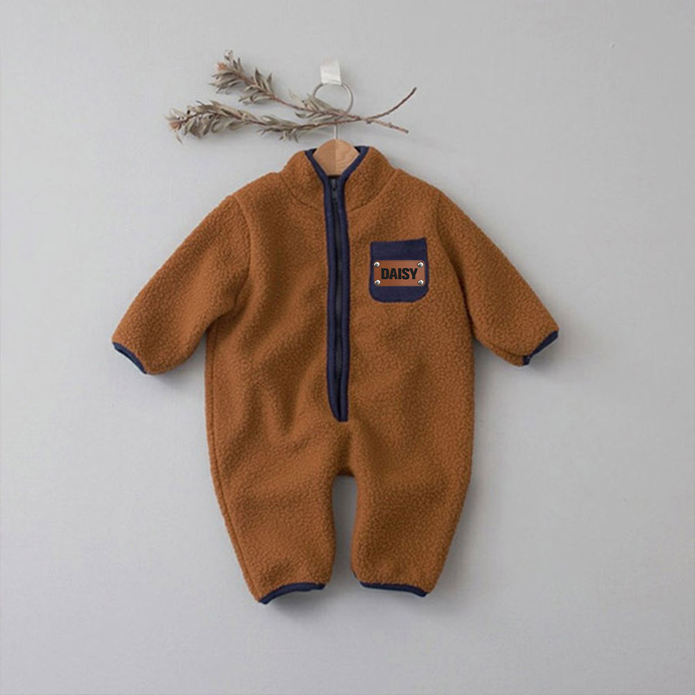 Personalized Leather Patch Baby Soft Sherpa Jumpsuit | CWBaby290