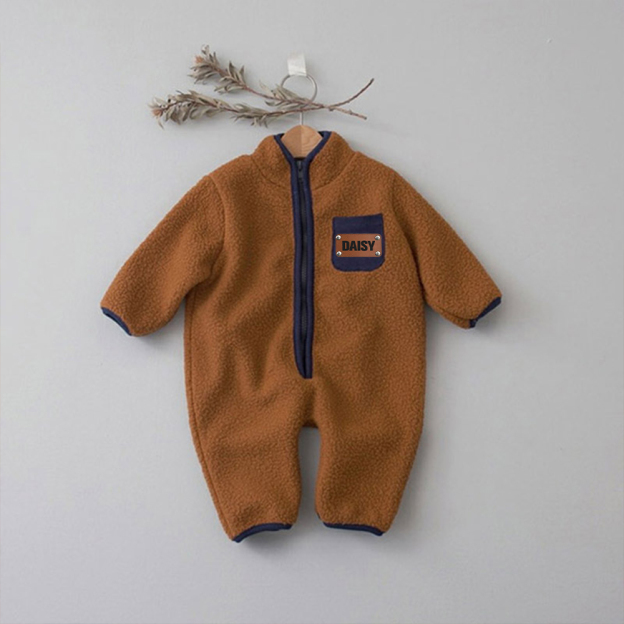 Personalized Leather Patch Baby Soft Sherpa Jumpsuit | CWBaby290