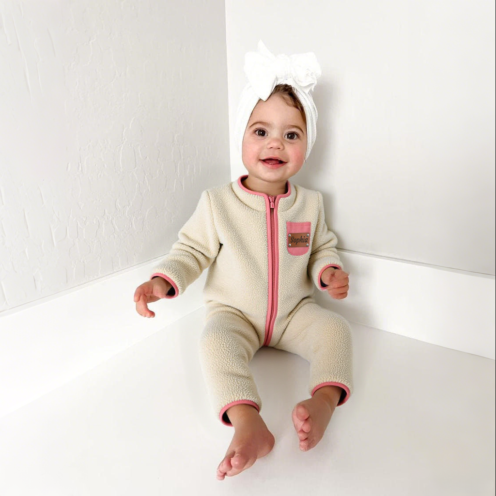 Personalized Leather Patch Baby Soft Sherpa Jumpsuit | CWBaby290