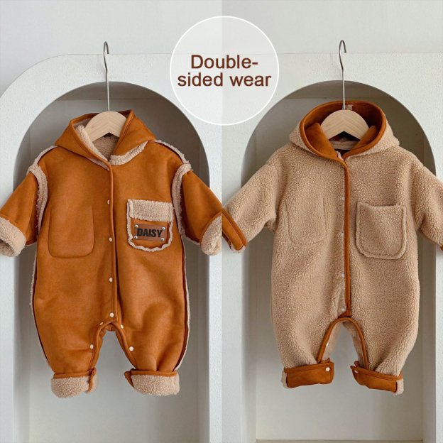 Personalized Leather Patch Double-Sided Wear Suede Baby Romper | CWBaby291