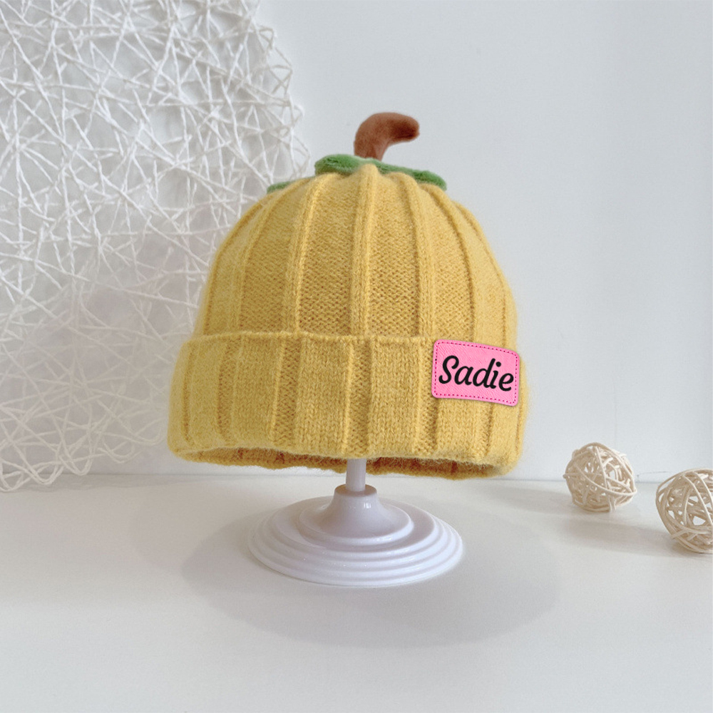 Personalized Leather Patch Pumpkin Wool Beanie | CWHalloween46
