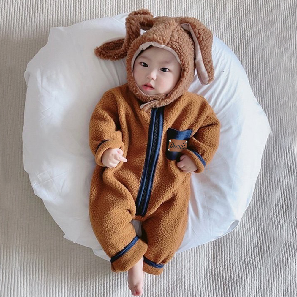 Personalized Leather Patch Baby Soft Sherpa Jumpsuit | CWBaby290