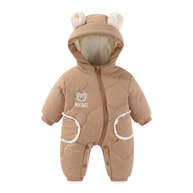 Personalized Long Sleeve Winter Hooded Puffer Romper | CWBaby308