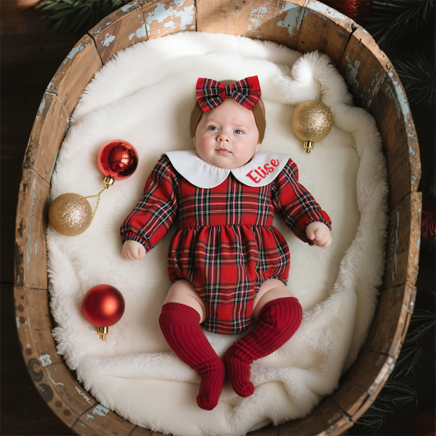 Personalized Christmas Baby Girl Lovely Plaid Outfit Set | MCGift154