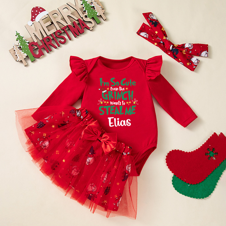 Personalized Baby Girl Christmas Tutu Romper with Bow | MCGift171
