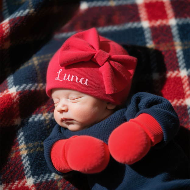 Personalized Newborn Coming Home Bow Beanie And Gloves Set | HSKid62