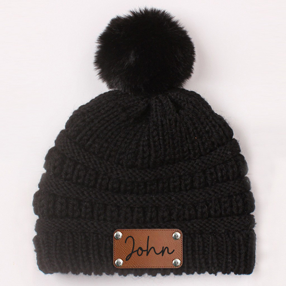 Personalized Leather Patch Kid Colorful Pom Pom Hat | HSKid63