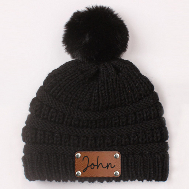 Personalized Leather Patch Kid Colorful Pom Pom Hat | HSKid63