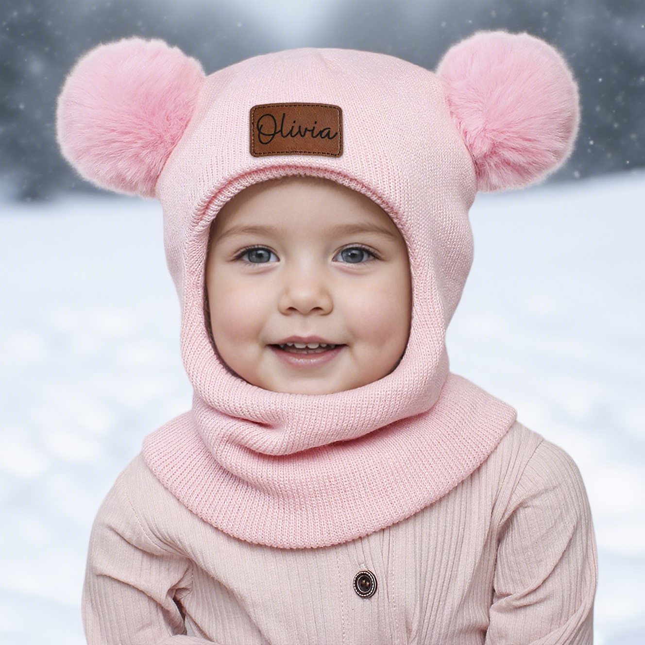 Personalized Kid Winter Warm Knitted PomPom Hat Scarf | HSKid64