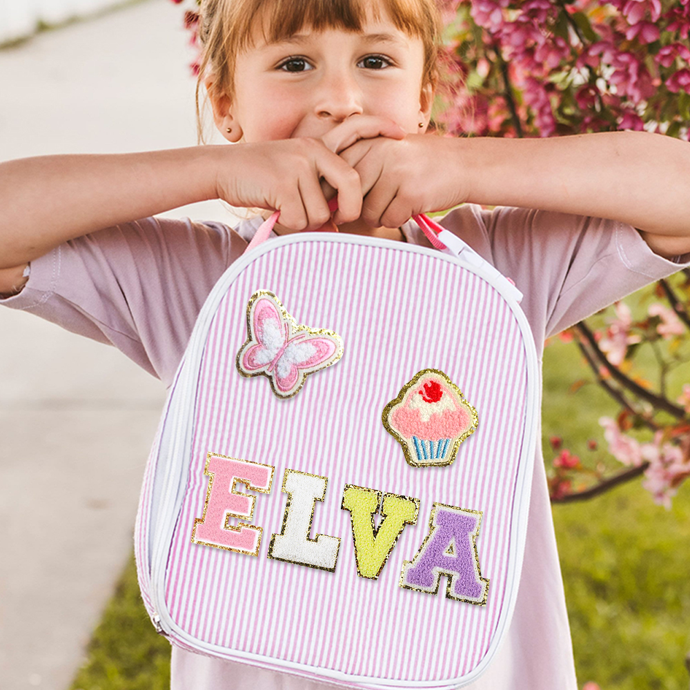 Personalized Chenille Patch Kids Seersucker Lunch Bag | CWPack7001