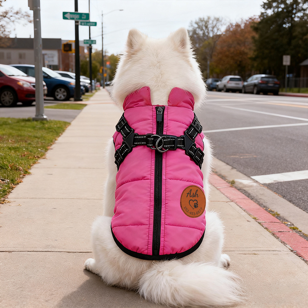 Personalized Round Leather Patch Pets Puffer Jacket | BKPet245