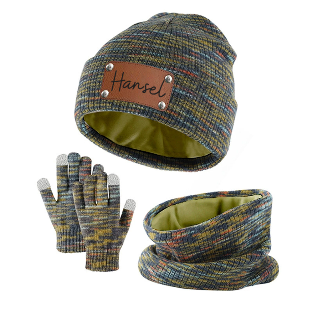 Personalized Leather Patch Kid Winter Hat Glove Scarf Set | HSKid69