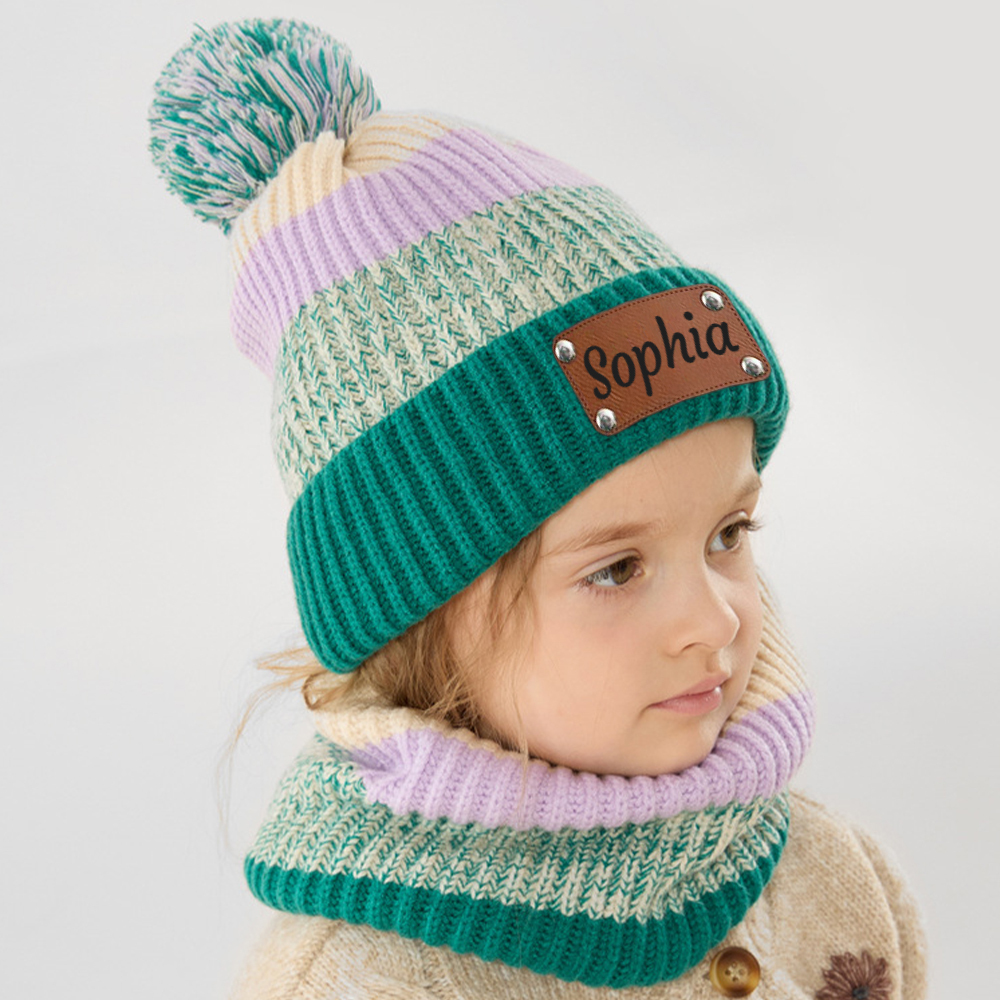 Personalized Leather Patch Kid Winter Hat Glove Scarf Set | HSKid70