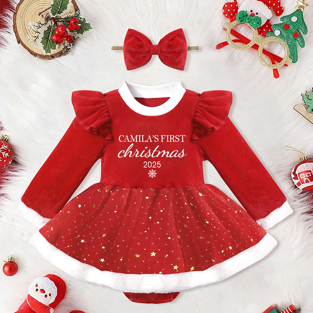 Personalized Baby Girl Christmas Tutu Romper with Bow | CWBaby113