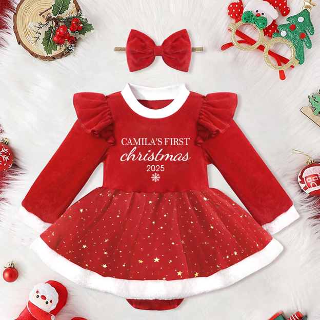 Personalized Baby Girl Christmas Tutu Romper with Bow | CWBaby113