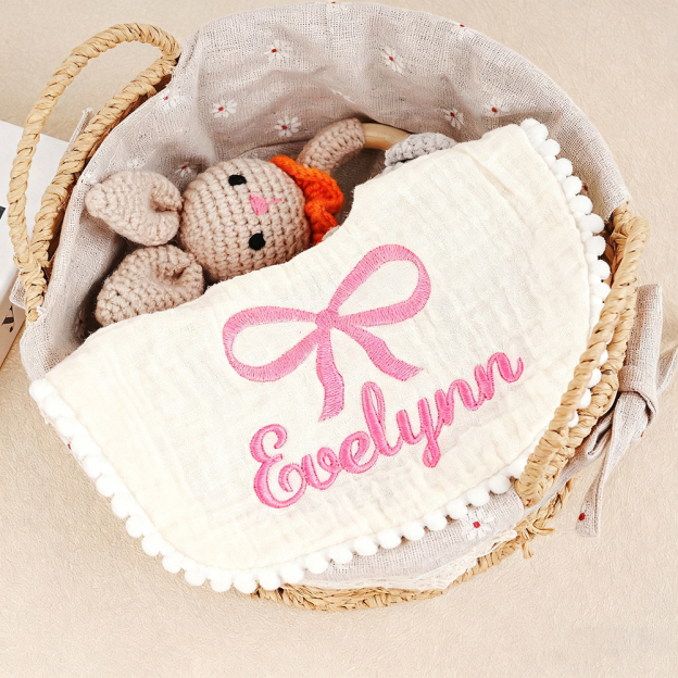 Personalized Embroidered Baby Lovely Bow Muslin Bib | CWBaby21402