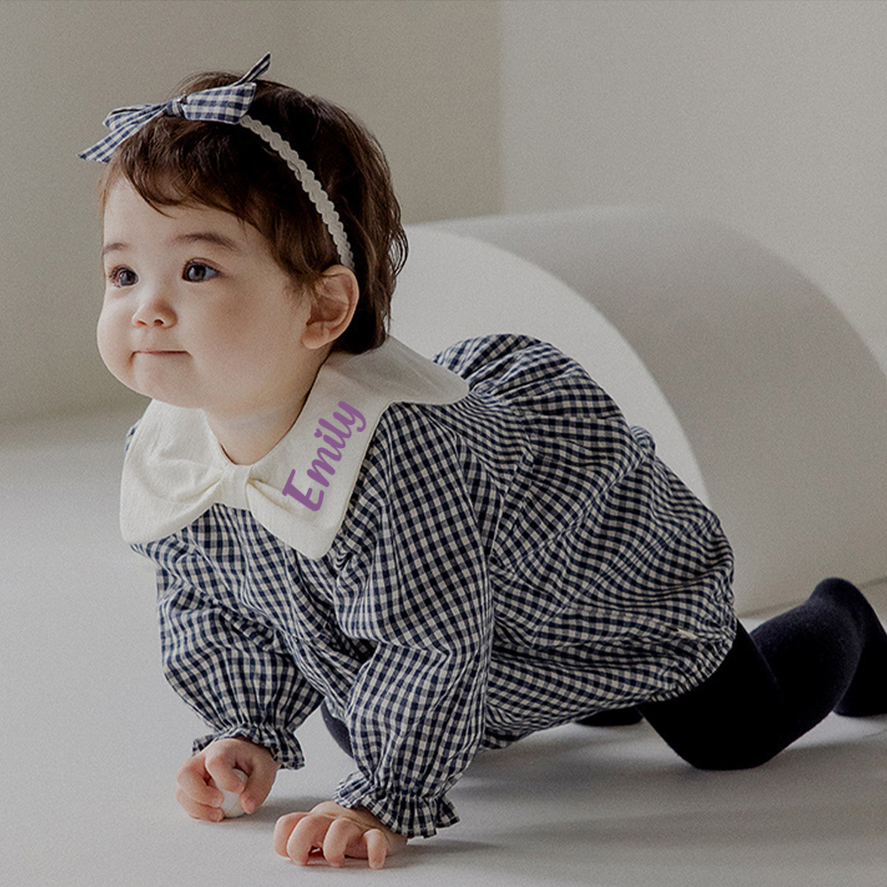Personalized Baby Girl Lapel Plaid Romper | CWBaby332