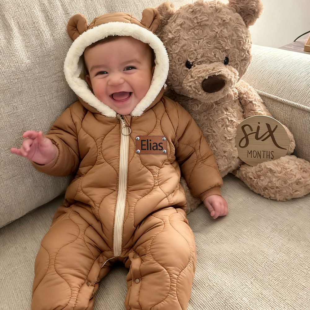 Personalized Leather Patch Kids Thickened Puffer Romper | CWBaby334
