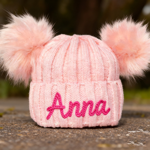 Personalized Hand Embroidery Kid Pom Pom Hat and Scarf | HSKid72