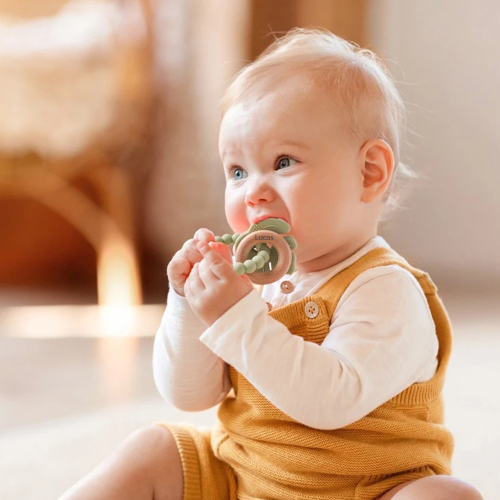 Personalised Baby Food Silicone & Wooden Sensory Teething Ring | CWToy162