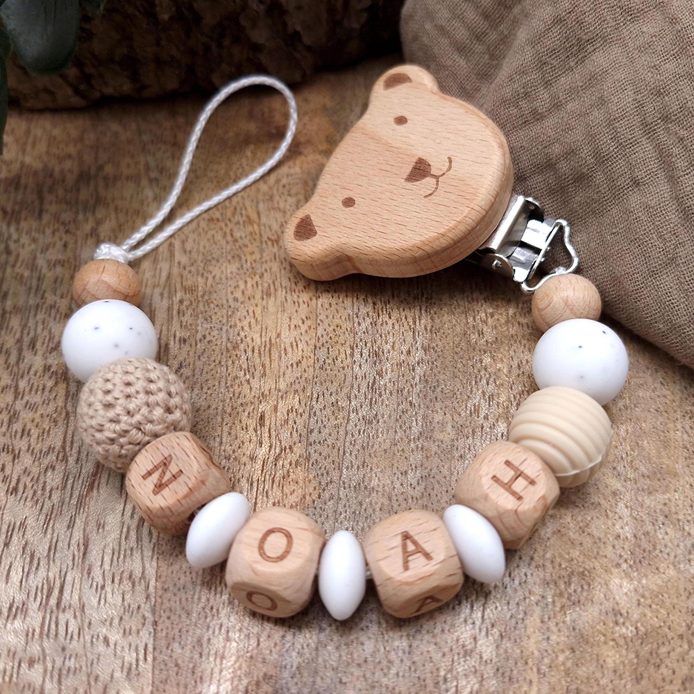 Personalized Baby Pacifier Silicone Wooden Bead Clip | CWToy163