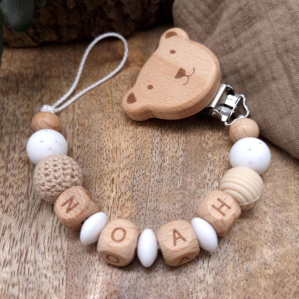 Personalized Baby Pacifier Silicone Wooden Bead Clip | CWToy163