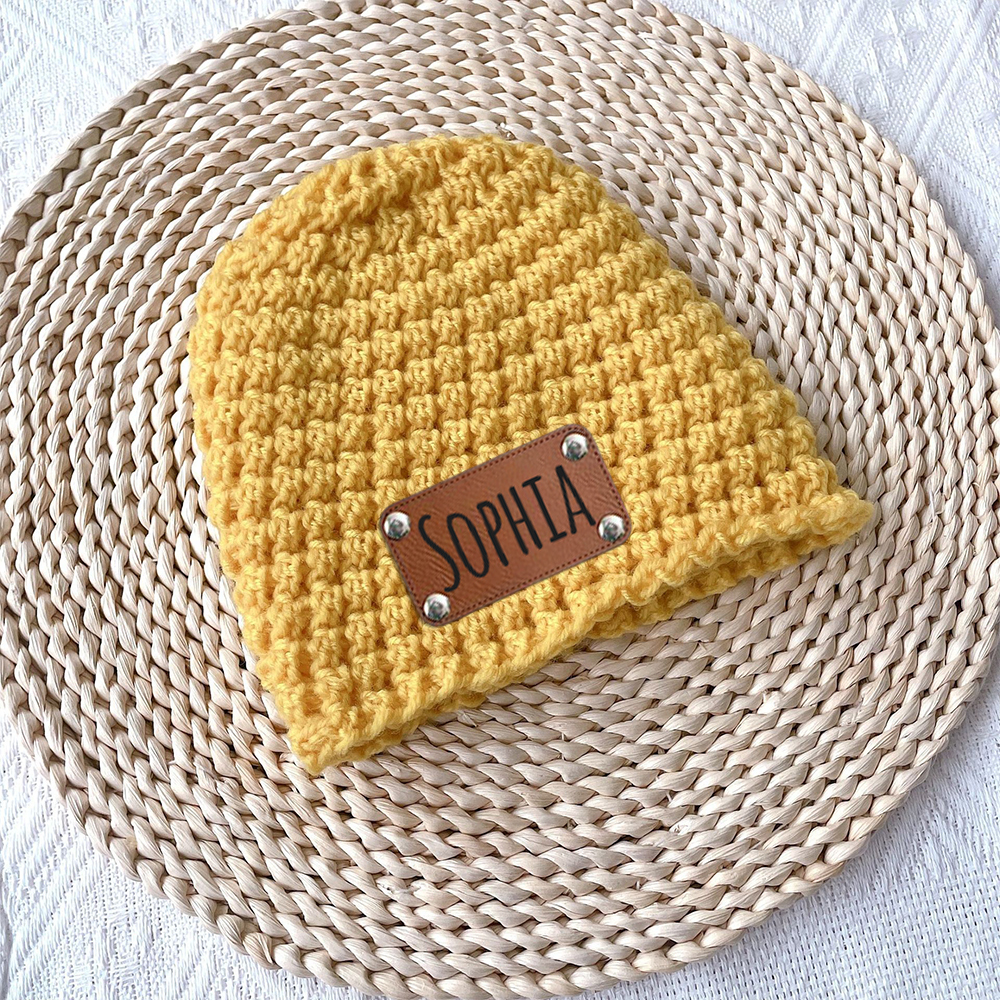 Personalized Leather Patch Baby Winter Warm Knitted Hat | HSKid76