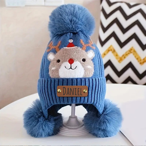 Personalized Leather Patch Adorable Elk Warm Winter Pom Pom Hat | HSKid77