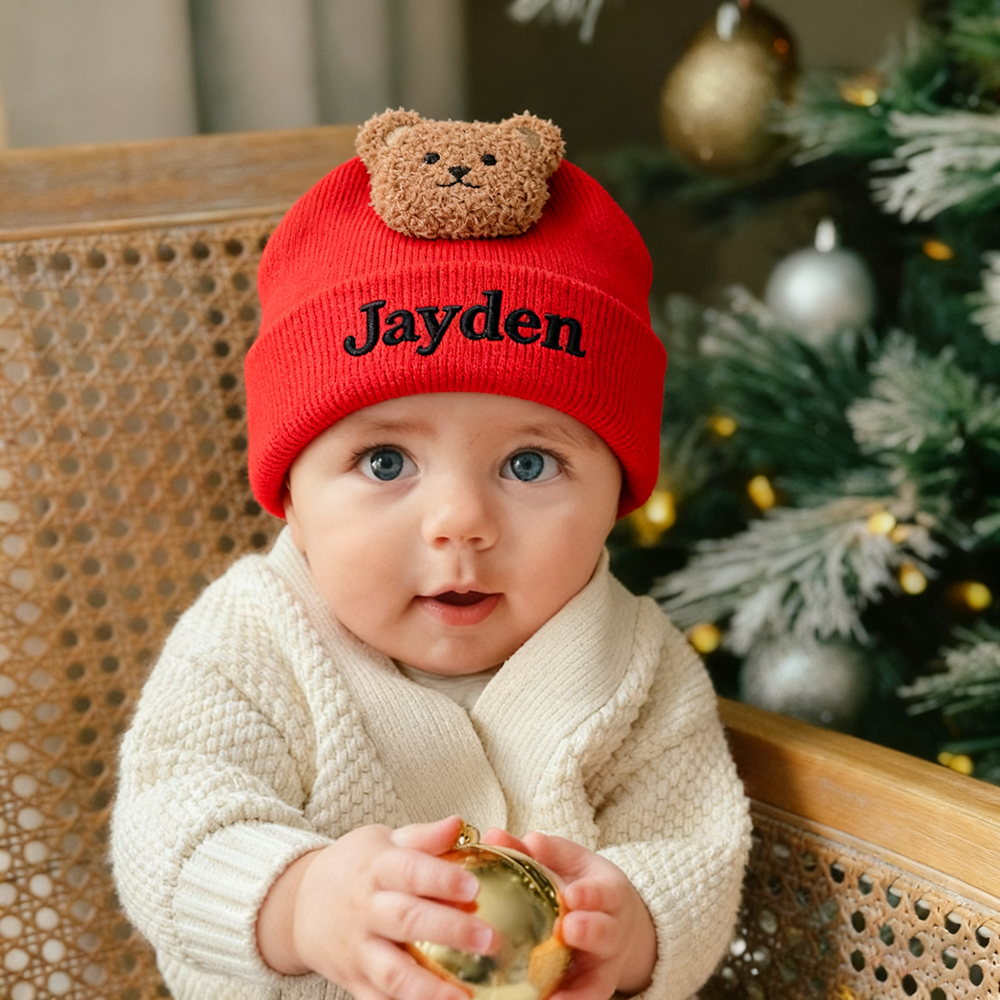 Personalized Embroidery Organic Cotton Baby Beanie with Teddy Bear | HSKid78
