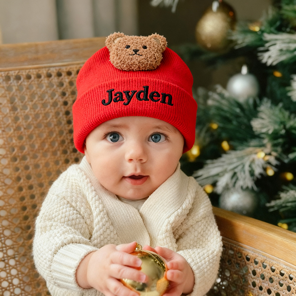 Personalized Embroidery Organic Cotton Baby Beanie with Teddy Bear | HSKid78