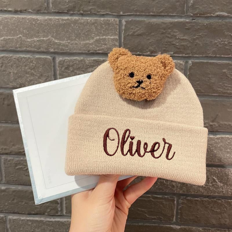 Personalized Embroidery Organic Cotton Baby Beanie with Teddy Bear | HSKid78
