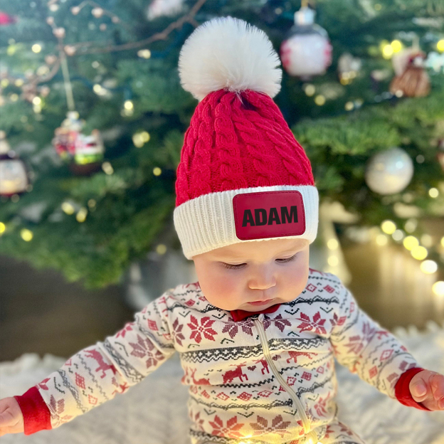 Personalized Leather Patch Christmas Pom Pom Hat | HSKid80