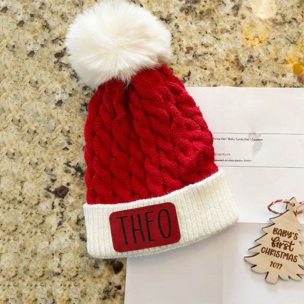 Personalized Leather Patch Christmas Pom Pom Hat | HSKid80