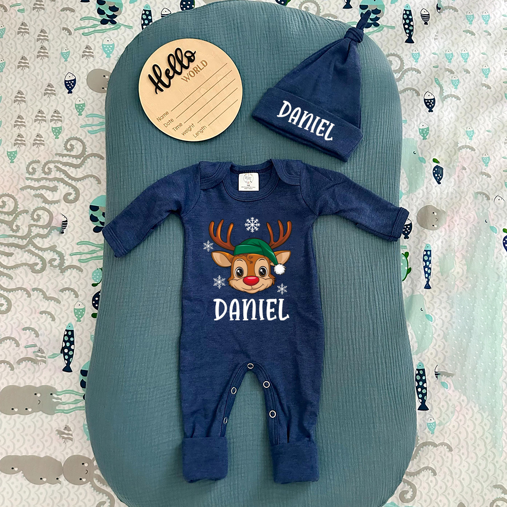 Personalized Baby Christmas Adorable Elk Romper and Hat Set | MCGift233