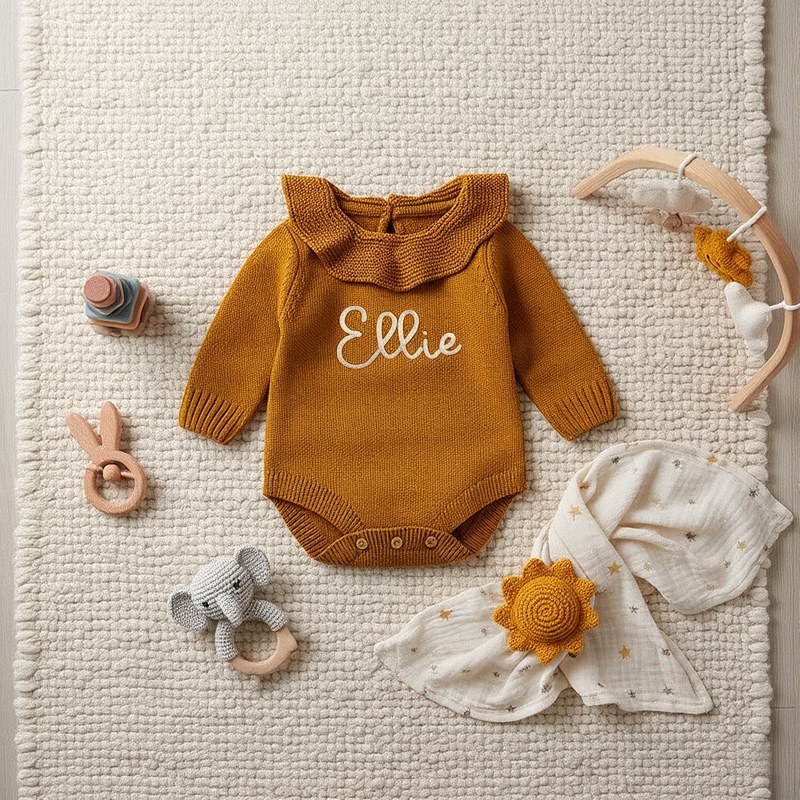 Personalized Hand Embroidered Baby Ruffled Knit Romper | CWBaby366