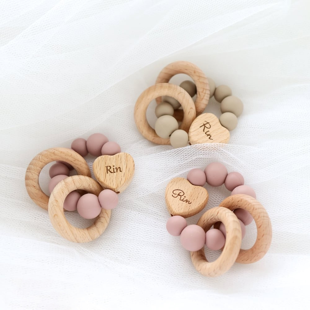 Personalized Baby Sensory Silicone Wooden Toy Ring | CWToy169
