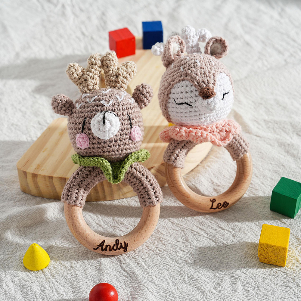 Personalized Baby Handmade Crochet Wooden Rattle Ring | CWToy172