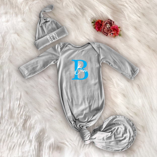 Personalized Cozy Newborn Gown with Knotted Hat | CWbaby33