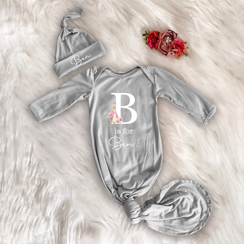 Personalized Cozy Newborn Easter Gown with Knotted Hat | CWbaby39