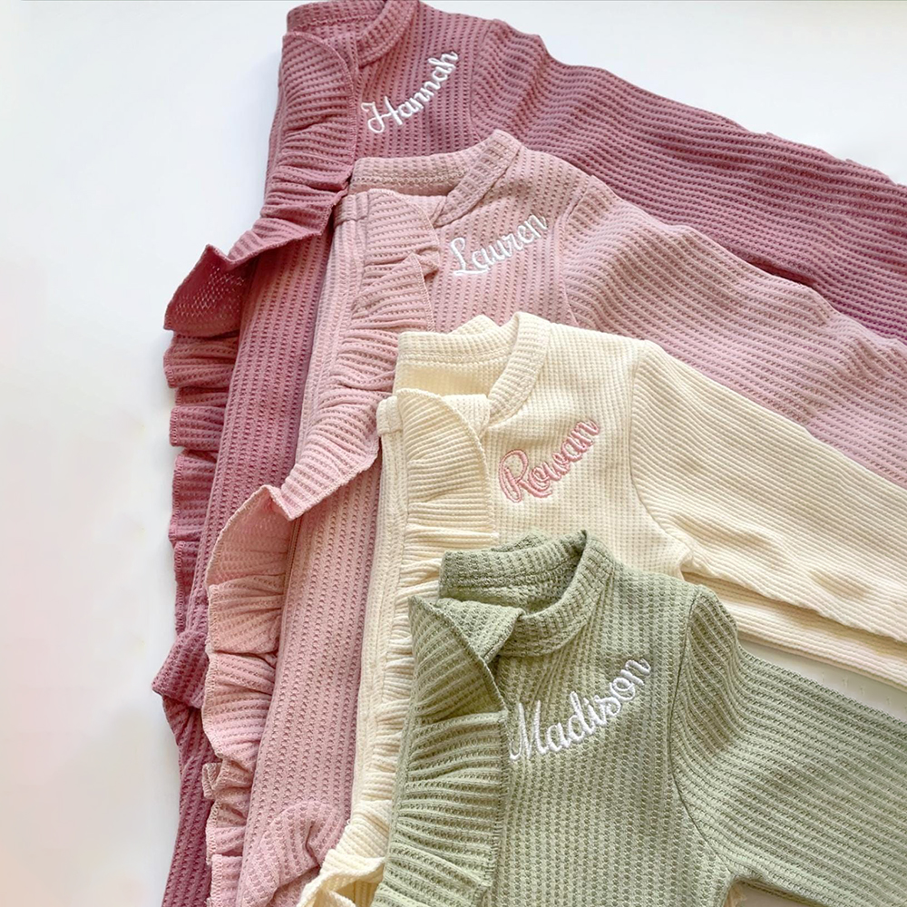 Personalized Newborn Embroidery Waffle Ruffled Romper With Bow | CWBaby426