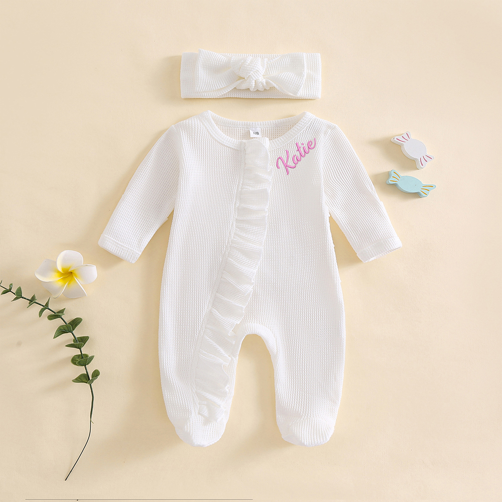 Personalized Newborn Embroidery Waffle Ruffled Romper With Bow | CWBaby426