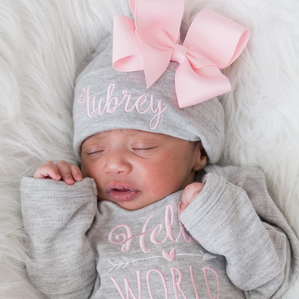 Personalized Embroidery Baby Girl Coming Home Romper and Hat Set | CWBaby425