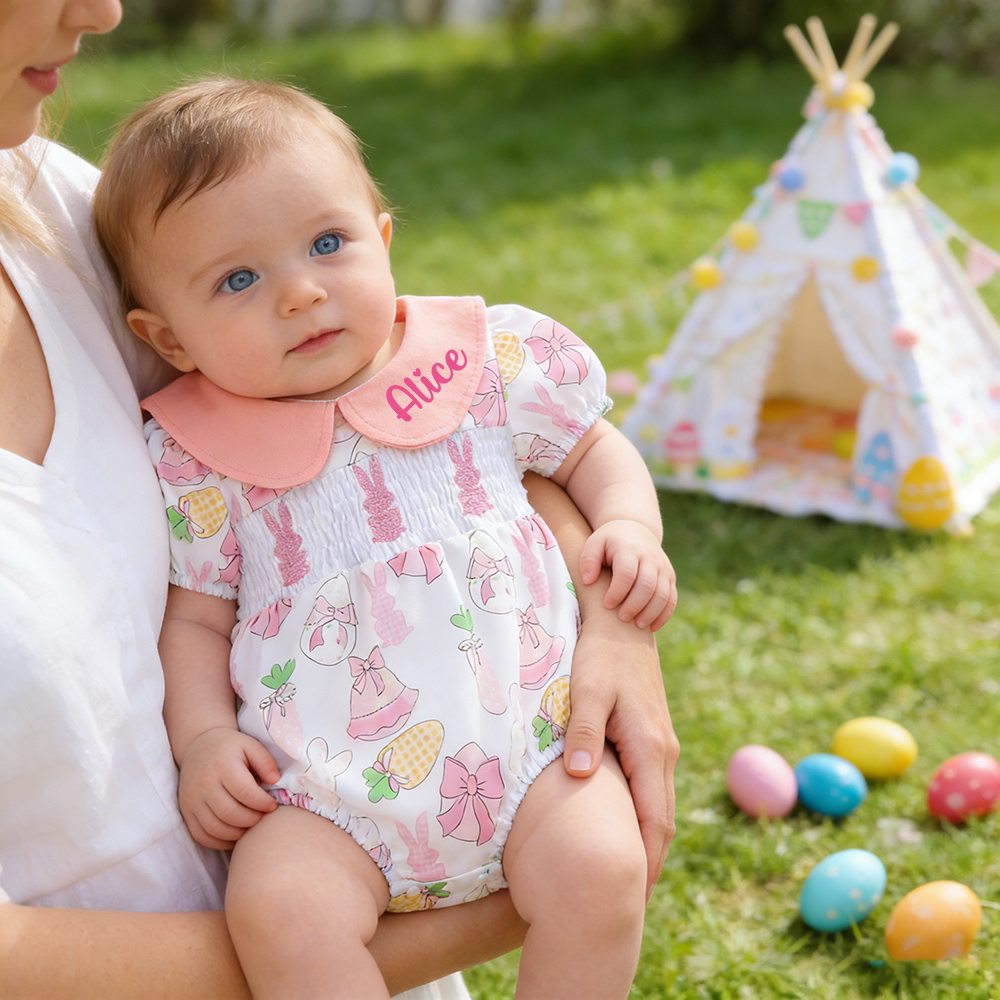 Personalized Easter Baby Girl Lovely Bunny Romper | CWEaster90