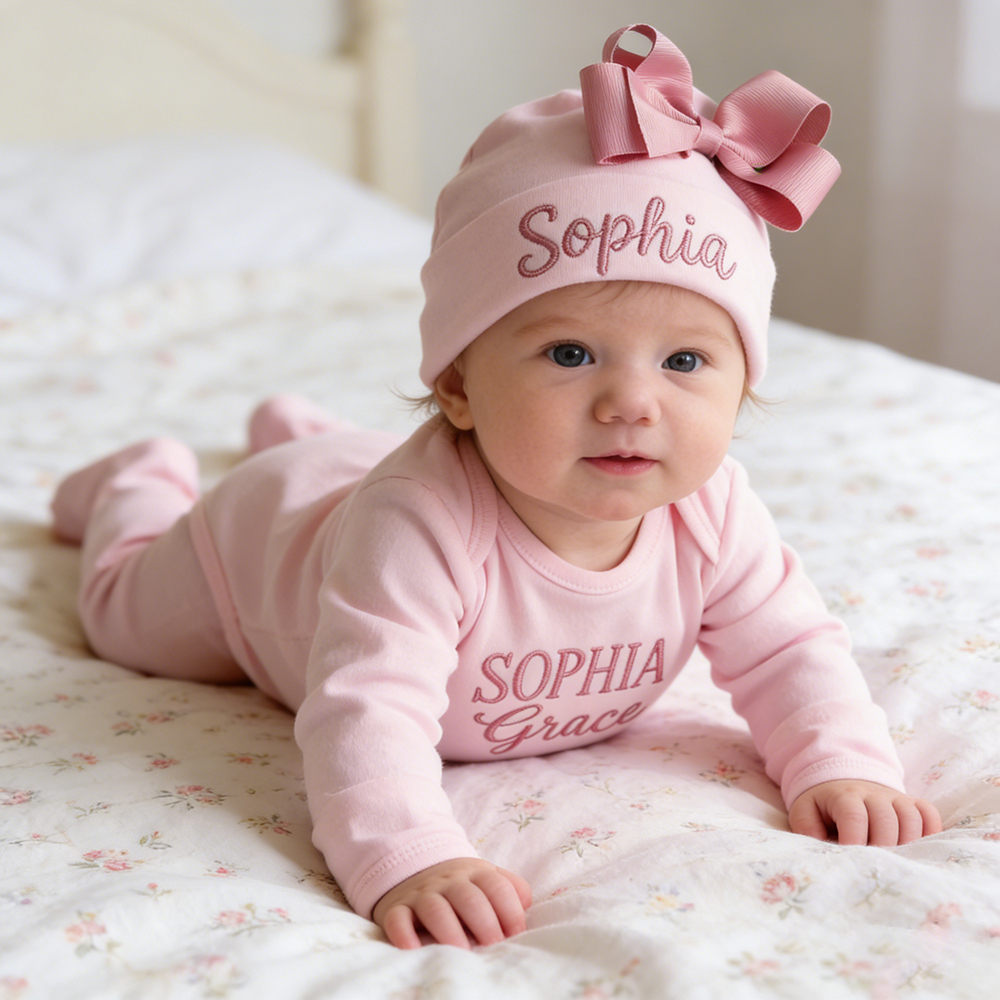 Personalized Embroidery Baby Girl Coming Home Romper and Hat Set | CWBaby458
