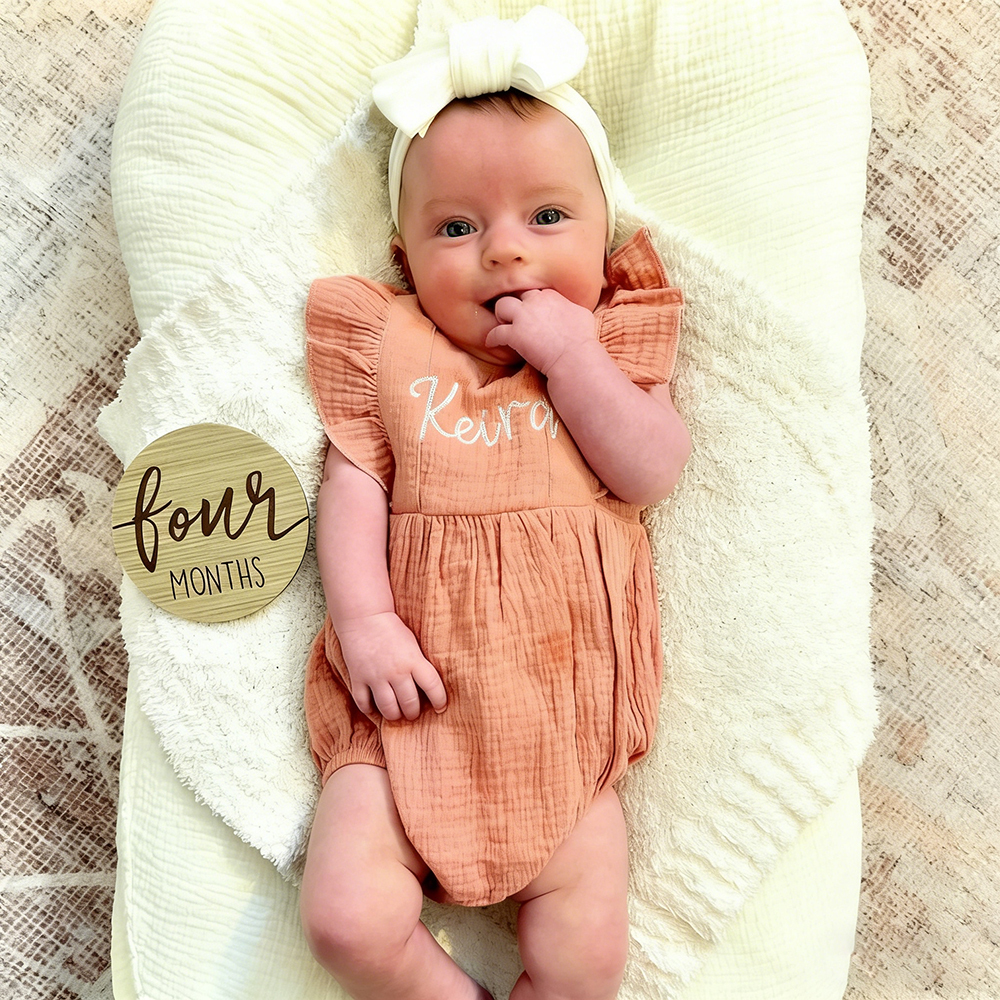 Personalized Embroidery Baby Organic Cotton Muslin Romper with Bow | inRomper35