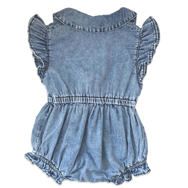 Personalized Baby Girl Elegance Denim Ruffled Romper | CWBaby476