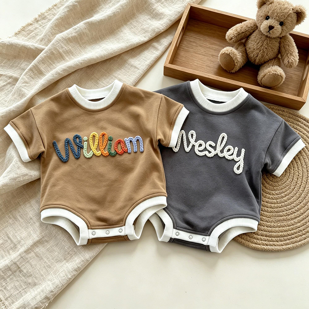 Personalized Hand Embroidered Short Sleeve Baby Bubble Romper | CWBaby503