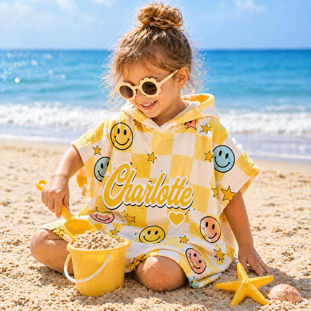 Personalized Checkered Smiley Kids Hooded Beach Towel for Summer & Beach | CWHTowel50